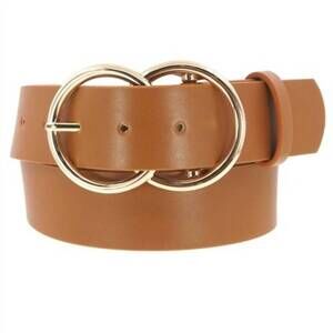 NEW POP CONFETTI women's wide vegan leather double ring belt in camel brown